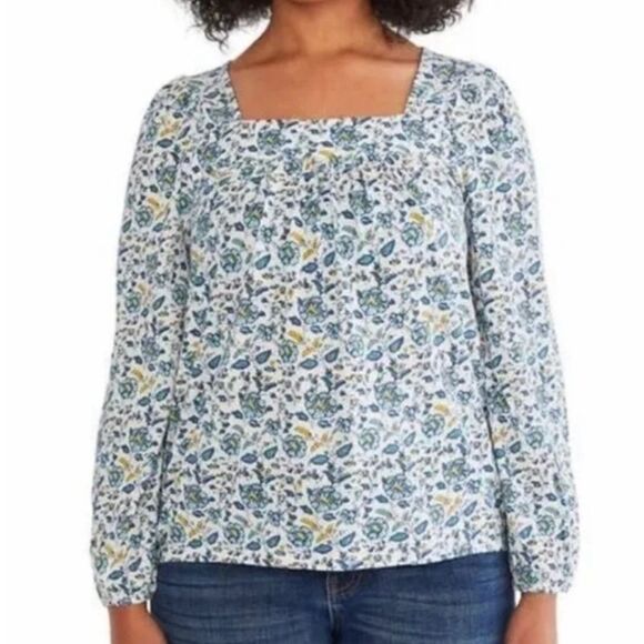 Lucky Brand Long Sleeve Top, Square Neck, Cream Blue Floral Pattern - Picture 1 of 4